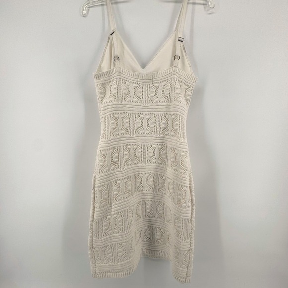 Olive + Oak Cream Knit Crocheted V Neck Bodycon Mini Dress‎ Large Boho Festival - Picture 2 of 9